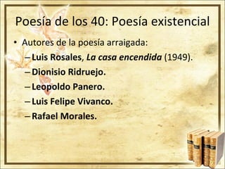 Poesía de los 40: Poesía existencial Autores de la poesía arraigada: Luis Rosales ,  La casa encendida  (1949). Dionisio Ridruejo. Leopoldo Panero. Luis Felipe Vivanco. Rafael Morales. 