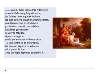 ……Con mi llorar las piedras enternecen
su natural dureza y la quebrantan;
los árboles parece que se inclinan;
las aves que me escuchan, cuando cantan,
con diferente voz se condolecen
y mi morir cantando me adivinan.
Las fieras que reclinan
su cuerpo fatigado,
dejan el sosegado
sueño por escuchar mi llanto triste.
Tú sola contra mí te endureciste,
los ojos aun siquiera no volviendo
a los que tú hiciste.
Salid sin duelo, lágrimas, corriendo. […]
 
