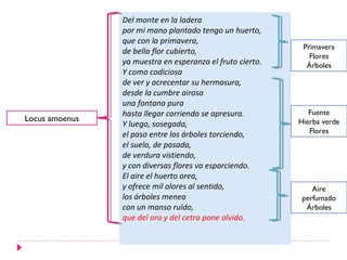 Del monte en la ladera
                por mi mano plantado tengo un huerto,
                que con la primavera,
                                                            Primavera
                de bella flor cubierto,
                                                              Flores
                ya muestra en esperanza el fruto cierto.     Árboles
                Y como codiciosa
                de ver y acrecentar su hermosura,
                desde la cumbre airosa
                una fontana pura
                hasta llegar corriendo se apresura.           Fuente
Locus amoenus                                              Hierba verde
                Y luego, sosegada,
                el paso entre los árboles torciendo,          Flores
                el suelo, de pasada,
                de verdura vistiendo,
                y con diversas flores va esparciendo.
                El aire el huerto orea,
                y ofrece mil olores al sentido,                Aire
                los árboles menea                           perfumado
                con un manso ruïdo,                          Árboles
                que del oro y del cetro pone olvido.
 