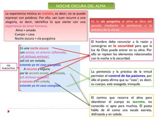 NOCHE OSCURA DEL ALMA
                                      NOCHE OSCURA DEL ALMA
  La experiencia mística es inefable, es decir, no se puede
   La experiencia mística es inefable, es decir, no se puede
  expresar con palabras. Por ello, san Juan recurre aauna
   expresar con palabras. Por ello, san Juan recurre una
  alegoría, es decir, identifica lo que siente con una
   alegoría, es decir, identifica lo que siente con una        En la vía purgativa el alma se libra del
                                                                En la vía purgativa el alma se libra del
  experiencia de amor humano.
   experiencia de amor humano.                                 pecado mediante la penitencia yy la
                                                                pecado mediante la penitencia         la
         Alma ==amada
          Alma amada                                           práctica de la virtud.
                                                                práctica de la virtud.
         Cuerpo ==casa
          Cuerpo casa
         Noche oscura ==vía purgativa
          Noche oscura vía purgativa
                                                               El hombre debe renunciar a la razón y
                                                               sumergirse en la oscuridad para que la
            En una noche oscura
                                                               luz de Dios pueda entrar en su alma. Por
            con ansias, en amores inflamada,
                                                               ello se repiten los elementos relacionados
            ¡oh dichosa ventura!,
                                                               con la noche o la oscuridad.
            salí sin ser notada,
   VÍA      estando ya mi casa sosegada.
PURGATIVA      A escuras y segura,
            por la secreta escala, disfrazada,                 La penitencia y la práctica de la virtud
            ¡oh dichosa ventura!,                              permiten el control de las pasiones, por
            a escuras y en celada,                             ello el poeta afirma que su “casa”, es decir,
            estando ya mi casa sosegada.                       su cuerpo, está sosegada, tranquila.


                                                               El camino que recorre el alma para
                                                               abandonar el cuerpo es secreto, no
                                                               conocido ni apto para muchos. El poeta
                                                               habla de él como una escala secreta,
                                                               disfrazada y en celada.
 