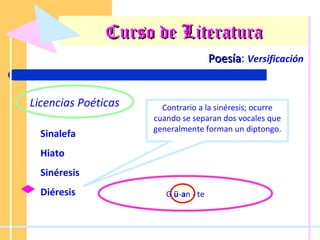 Curso de Literatura Poesía :  Versificación Licencias Poéticas Sinalefa Hiato Sinéresis Diéresis Contrario a la sinéresis; ocurre cuando se separan dos vocales que generalmente forman un diptongo. G  ü - a n - te 
