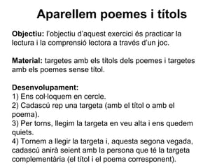 Aparellem poemes i títols
Objectiu: l’objectiu d’aquest exercici és practicar la
lectura i la comprensió lectora a través d’un joc.
Material: targetes amb els títols dels poemes i targetes
amb els poemes sense títol.
Desenvolupament:
1) Ens col·loquem en cercle.
2) Cadascú rep una targeta (amb el títol o amb el
poema).
3) Per torns, llegim la targeta en veu alta i ens quedem
quiets.
4) Tornem a llegir la targeta i, aquesta segona vegada,
cadascú anirà seient amb la persona que té la targeta
complementària (el títol i el poema corresponent).
 