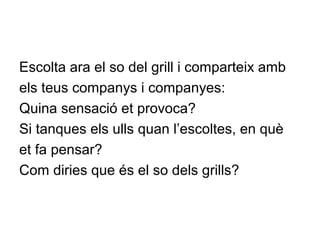 Escolta ara el so del grill i comparteix amb
els teus companys i companyes:
Quina sensació et provoca?
Si tanques els ulls quan l’escoltes, en què
et fa pensar?
Com diries que és el so dels grills?
 
