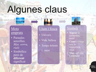 Algunes claus
Mots            Llum i fosca      Símbols
emprats                           • Xiprer és
                • Unívocs           cementiri,
• Paraules                          mort
  senzilles.    • Vida, bellesa   • Camí i viatge
  Mar, sorra,   • Temps dolents     són la
  rials                             trajectòria
                  i mort            vital
• Simbòlics                       • Mar, cel són
  però de                           l‟eternitat
  diferent
  significat
 