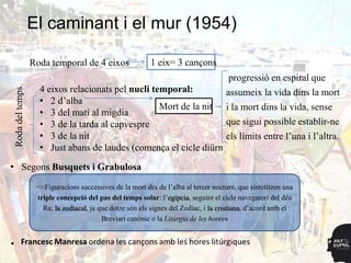 El caminant i el mur (1954)

                     Roda temporal de 4 eixos                1 eix= 3 cançons
                                                                                        progressió en espiral que
                       4 eixos relacionats pel nucli temporal:
    Roda del temps




                                                                                       assumeix la vida dins la mort
                       • 2 d‟alba
                                                       Mort de la nit                  i la mort dins la vida, sense
                       • 3 del matí al migdia
                       • 3 de la tarda al capvespre                                    que sigui possible establir-ne
                       • 3 de la nit                                                   els límits entre l‟una i l‟altra.
                       • Just abans de laudes (comença el cicle diürn
• Segons Busquets i Grabulosa
                      <<Figuracions successives de la mort des de l‟alba al tercer nocturn, que sintetitzen una
                      triple concepció del pas del temps solar: l‟egípcia, seguint el cicle navegatori del déu
                        Ra; la zodiacal, ja que dotze són els signes del Zodíac, i la cristiana, d‟acord amb el
                                             Breviari canònic o la Litúrgia de les hores»


•
 