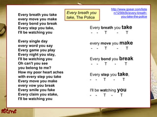 http://www.goear.com/liste
        Every breath you take
                                   Every breath you         n/1256b5b/every-breath-
                                   take, The Police               you-take-the-police
        every move you make
        Every bond you break
        Every step you take,                   Every breath you take
        I'll be watching you                   - -     T     -    T

        Every single day
                                               every move you make
        every word you say
        Every game you play                    - -    T     -   T
        Every night you stay,
        I'll be watching you                   Every bond you break
        Oh can't you see                       - -    T    -    T
        you belong to me?
        How my poor heart aches
                                               Every step you take,
        with every step you take
        Every move you make                    - -    T     -   T
        every vow you break
        Every smile you fake                   I'll be watching you
        Every claim you stake,                 - -      T -      T
        I'll be watching you


Ritme
 