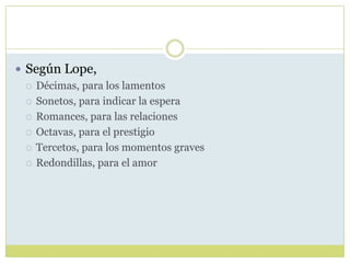  Según Lope,
 Décimas, para los lamentos
 Sonetos, para indicar la espera
 Romances, para las relaciones
 Octavas, para el prestigio
 Tercetos, para los momentos graves
 Redondillas, para el amor

 