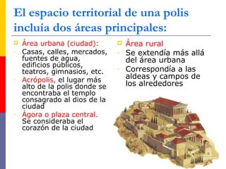 El espacio territorial de una polis
incluía dos áreas principales:
 Área urbana (ciudad):
- Casas, calles, mercados,
fuentes de agua,
edificios públicos,
teatros, gimnasios, etc.
- Acrópolis, el lugar más
alto de la polis donde se
encontraba el templo
consagrado al dios de la
ciudad
- Ágora o plaza central.
Se consideraba el
corazón de la ciudad
 Área rural
- Se extendía más allá
del área urbana
- Correspondía a las
aldeas y campos de
los alrededores
 