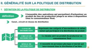 II. GÉNÉRALITÉ SUR LA POLITIQUE DE DISTRIBUTION
1. DÉFINITION DE LA POLITIQUE DE DISTRIBUTION
définition
L’ensemble des opérations qui permettent d’acheminer un
produit du lieu de production jusqu’à sa mise à disposition
chez le consommateur final.
Canal , circuit et réseau de distribution
RÉSEAU DE
DISTRIBUTION
CANAL DE
DISTRIBUTION
CIRCUIT DE
DISTRIBUTION
L’ensemble de personnes physique et morale qui
interviennent dans la distribution d’un bien
Représente une catégorie d’intermédiaires de même
nature qui participent à la distribution du produit
Le chemin suivi un produit du producteur au
consommateur final
 