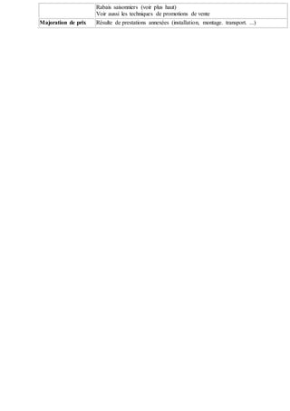 Rabais saisonniers (voir plus haut)
Voir aussi les techniques de promotions de vente
Majoration de prix Résulte de prestations annexées (installation, montage. transport. ...)
 