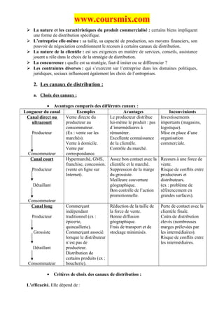 www.coursmix.com
  La nature et les caractéristiques du produit commercialisé : certains biens impliquent
   une forme de distribution spécifique.
  L’entreprise elle-même : sa taille, sa capacité de production, ses moyens financiers, son
   pouvoir de négociation conditionnent le recours à certains canaux de distribution.
  La nature de la clientèle : est ses exigences en matière de services, conseils, assistance
   jouent u rôle dans le choix de la stratégie de distribution.
  La concurrence : quelle est sa stratégie, faut-il imiter ou se différencier ?
  Les contraintes diverses : qui s’exercent sur l’entreprise dans les domaines politiques,
   juridiques, sociaux influencent également les choix de l’entreprises.

     2. Les canaux de distribution :

     a. Choix des canaux :

            • Avantages comparés des différents canaux :
Longueur du canal         Exemples                 Avantages                  Inconvénients
 Canal direct ou   Vente directe du        Le producteur distribue       Investissements
   ultracourt      producteur au           lui-même le produit : pas     importants (magasins,
                   consommateur.           d’intermédiaires à            logistique).
   Producteur      (Ex : vente sur les     rémunérer.                    Mise en place d’une
                   marchés).               Excellente connaissance       organisation
                   Vente à domicile.       de la clientèle.              commerciale.
                   Vente par               Contrôle du marché.
  Consommateur     correspondance.
   Canal court     Hypermarché, GMS, Assez bon contact avec la           Recours à une force de
                   franchise, concession. clientèle et le marché.        vente.
   Producteur      (vente en ligne sur     Suppression de la marge       Risque de conflits entre
                   Internet).              du grossiste.                 producteurs et
                                           Meilleure couverture          distributeurs.
    Détaillant                             géographique.                 (ex : problème de
                                           Bon contrôle de l’action      référencement en
                                           promotionnelle.               grandes surfaces).
  Consommateur
   Canal long      Commerçant              Réduction de la taille de     Perte de contact avec la
                   indépendant             la force de vente.            clientèle finale.
   Producteur      traditionnel (ex :      Bonne diffusion               Coûts de distribution
                   épicerie,               géographique.                 élevés (nombreuses
                   quincaillerie).         Frais de transport et de      marges prélevées par
    Grossiste      Commerçant associé stockage minimisés.                les intermédiaires).
                   lorsque le distributeur                               Risque de conflits entre
                   n’est pas de                                          les intermédiaires.
    Détaillant     producteur.
                   Distribution de
                   certains produits (ex :
  Consommateur     boucherie).

            •   Critères de choix des canaux de distribution :

 L’efficacité. Elle dépend de :
 