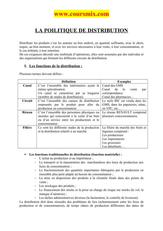 www.coursmix.com

            LA POILITIQUE DE DISTRIBUTION

Distribuer les produits c’est les amener au bon endroit, en quantité suffisants, avec le choix
requis, au bon moment, et avec les services nécessaires à leur vente, à leur consommation, et
le cas échéant, à leur entretien.
De ces exigences découle une multitude d’opérations, elles sont assumées par des individus et
des organisations qui forment les différents circuits de distribution.

   I. Les fonctions de la distribution :

Plusieurs termes doivent définis :

                                  Définition                               Exemples
  Canal       C’est l’ensemble des intérimaires ayant la       Canal des GMS
              même spécialisation.                             Canal de la vente par
              Un canal se caractérise par sa longueur          correspondance
              (nombre de stades de distribution).              Canal des pharmacies…
  Circuit     C’est l’ensemble des canaux de distribution      Le stylo BIC est vendu dans les
              empruntés par le produit pour aller du           GMS, dans les papeteries, tabac,
              producteur au consommateur.                      en VPC, etc.…
  Réseau      C’est l’ensemble des personnes physiques ou      Le réseau RENAULT comprend
              morales qui concourent à la vente d’un bien      plusieurs concessionnaires.
              ou d’un service entre les producteurs et le
              consommateur.
  Filière     Ce sont les différents stades de la production   La filière du marché des fruits et
              et la distribution relatifs à un marché.         légumes comprend :
                                                               Les producteurs
                                                               Les importateurs
                                                               Les grossistes
                                                               Les détaillants…

      Les fonctions traditionnelles de distribution (fonction matérielle) :
           - L’achat au producteur et au importateur ;
           - Le transport et la manutention des marchandises des lieux de production aux
               lieux de consommation ;
           - Le fractionnement des quantités importantes fabriquées par le producteur en
               ensemble plus petit adapté au besoin du consommateur ;
           - La mise en disposition des produits à la clientèle finale dans des points de
               vente ;
           - Les stockages des produits ;
           - Le financement des stocks et la prise en charge du risque sur stocks (le vol, le
               manque d’aération) ;
           - Les tâches administratives diverses (la facturation, le contrôle de livraison).
La distribution doit donc résoudre des problèmes de lieu (acheminement entre les lieux de
production et de consommation), de temps (dates de production différentes des dates de
 