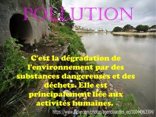 Pollution
C'est la dégradation de
l'environnement par des
substances dangereuses et des
déchets. Elle est
principalement liée aux
activités humaines.
 