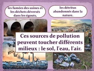 les fumées des usines et
les déchets déversés
dans les égouts,
les détritus
abandonnés dans la
nature.
Ces sources de pollution
peuvent toucher différents
milieux : le sol, l'eau, l'air.
 