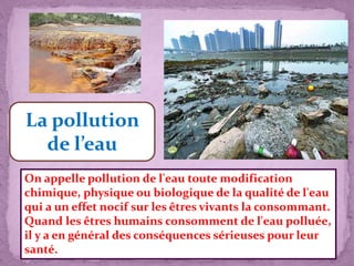 La pollution
de l’eau
On appelle pollution de l'eau toute modification
chimique, physique ou biologique de la qualité de l'eau
qui a un effet nocif sur les êtres vivants la consommant.
Quand les êtres humains consomment de l'eau polluée,
il y a en général des conséquences sérieuses pour leur
santé.
 
