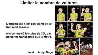 Limiter le nombre de voitures
L’automobile n’est pas un mode de
transport durable :
elle génère 60 fois plus de CO2
par
personne transportée que le métro.
dessin : Andy Singer
 