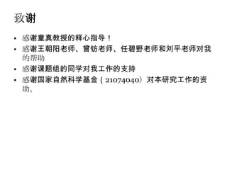 致谢
• 感谢童真教授的释心指导！
• 感谢王朝阳老师、曾钫老师、任碧野老师和刘平老师对我
  的帮助
• 感谢课题组的同学对我工作的支持
• 感谢国家自然科学基金（21074040）对本研究工作的资
  助。
 