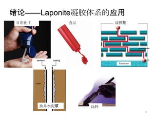 绪论——Laponite凝胶体系的应用
 日用化工           食品        成膜剂




        油井水泥浆        涂料
                                9
 