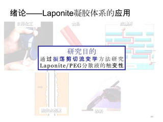 绪论——Laponite凝胶体系的应用



          研究目的
    通过振荡剪切流变学方法研究
    Laponite/PEG分散液的触变性




                          10
 