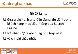Định nghĩa khác

                SEO là …
 đưa website, brand đến đúng, đủ đối tượng
  khách hàng mục tiêu thông qua Search
  Engine
 với chất lượng nội dung phù hợp nhất
 và chi phí thấp nhất


                                         NGHỀ SEO
                                       www.lapoo.vn
 