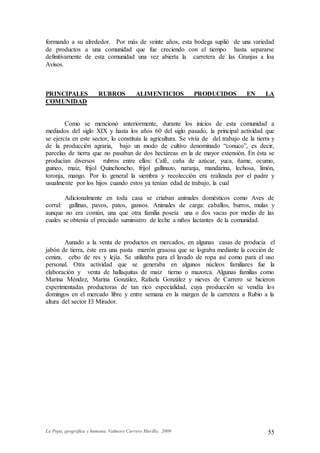 La Popa, geográfica y humana. Valmore Carrero Murillo, 2009 55
formando a su alrededor. Por más de veinte años, esta bodega suplió de una variedad
de productos a una comunidad que fue creciendo con el tiempo hasta separarse
definitivamente de esta comunidad una vez abierta la carretera de las Granjas a loa
Avisos.
PRINCIPALES RUBROS ALIMENTICIOS PRODUCIDOS EN LA
COMUNIDAD
Como se mencionó anteriormente, durante los inicios de esta comunidad a
mediados del siglo XIX y hasta los años 60 del siglo pasado, la principal actividad que
se ejercía en este sector, lo constituía la agricultura. Se vivía de del trabajo de la tierra y
de la producción agraria, bajo un modo de cultivo denominado “conuco”, es decir,
parcelas de tierra que no pasaban de dos hectáreas en la de mayor extensión. En ésta se
producían diversos rubros entre ellos: Café, caña de azúcar, yuca, ñame, ocumo,
guineo, maíz, frijol Quinchoncho, frijol gallinazo, naranja, mandarina, lechosa, limón,
toronja, mango. Por lo general la siembra y recolección era realizada por el padre y
usualmente por los hijos cuando estos ya tenían edad de trabajo, la cual
Adicionalmente en toda casa se criaban animales domésticos como Aves de
corral: gallinas, pavos, patos, gansos. Animales de carga: caballos, burros, mulas y
aunque no era común, una que otra familia poseía una o dos vacas por medio de las
cuales se obtenía el preciado suministro de leche a niños lactantes de la comunidad.
Aunado a la venta de productos en mercados, en algunas casas de producía el
jabón de tierra, éste era una pasta marrón grasosa que se lograba mediante la cocción de
ceniza, cebo de res y lejía. Se utilizaba para el lavado de ropa así como para el uso
personal. Otra actividad que se generaba en algunos núcleos familiares fue la
elaboración y venta de hallaquitas de maíz tierno o mazorca. Algunas familias como
Marina Méndez, Marina González, Rafaela González y nieves de Carrero se hicieron
experimentadas productoras de tan rico especialidad, cuya producción se vendía los
domingos en el mercado libre y entre semana en la margen de la carretera a Rubio a la
altura del sector El Mirador.
 