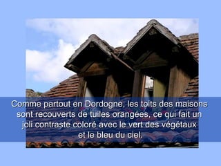 Comme partout en Dordogne, les toits des maisons  sont recouverts de tuiles orangées, ce qui fait un  joli contraste coloré avec le vert des végétaux  et le bleu du ciel. 