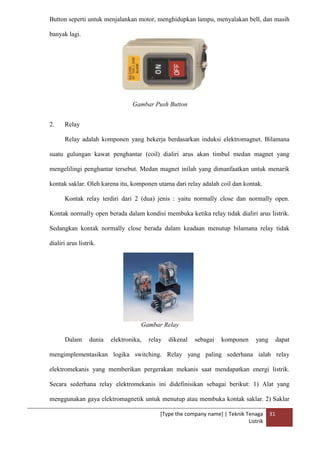 [Type the company name] | Teknik Tenaga
Listrik
31
Button seperti untuk menjalankan motor, menghidupkan lampu, menyalakan bell, dan masih
banyak lagi.
Gambar Push Button
2. Relay
Relay adalah komponen yang bekerja berdasarkan induksi elektromagnet. Bilamana
suatu gulungan kawat penghantar (coil) dialiri arus akan timbul medan magnet yang
mengelilingi penghantar tersebut. Medan magnet inilah yang dimanfaatkan untuk menarik
kontak saklar. Oleh karena itu, komponen utama dari relay adalah coil dan kontak.
Kontak relay terdiri dari 2 (dua) jenis : yaitu normally close dan normally open.
Kontak normally open berada dalam kondisi membuka ketika relay tidak dialiri arus listrik.
Sedangkan kontak normally close berada dalam keadaan menutup bilamana relay tidak
dialiri arus listrik.
Gambar Relay
Dalam dunia elektronika, relay dikenal sebagai komponen yang dapat
mengimplementasikan logika switching. Relay yang paling sederhana ialah relay
elektromekanis yang memberikan pergerakan mekanis saat mendapatkan energi listrik.
Secara sederhana relay elektromekanis ini didefinisikan sebagai berikut: 1) Alat yang
menggunakan gaya elektromagnetik untuk menutup atau membuka kontak saklar. 2) Saklar
 