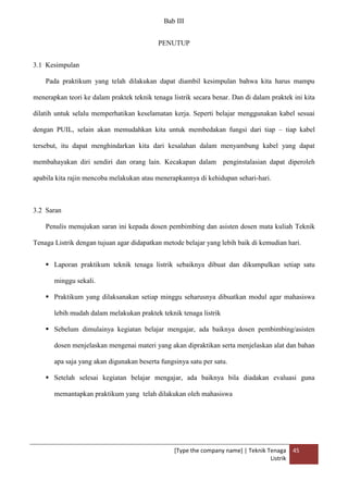[Type the company name] | Teknik Tenaga
Listrik
45
Bab III
PENUTUP
3.1 Kesimpulan
Pada praktikum yang telah dilakukan dapat diambil kesimpulan bahwa kita harus mampu
menerapkan teori ke dalam praktek teknik tenaga listrik secara benar. Dan di dalam praktek ini kita
dilatih untuk selalu memperhatikan keselamatan kerja. Seperti belajar menggunakan kabel sesuai
dengan PUIL, selain akan memudahkan kita untuk membedakan fungsi dari tiap – tiap kabel
tersebut, itu dapat menghindarkan kita dari kesalahan dalam menyambung kabel yang dapat
membahayakan diri sendiri dan orang lain. Kecakapan dalam penginstalasian dapat diperoleh
apabila kita rajin mencoba melakukan atau menerapkannya di kehidupan sehari-hari.
3.2 Saran
Penulis menujukan saran ini kepada dosen pembimbing dan asisten dosen mata kuliah Teknik
Tenaga Listrik dengan tujuan agar didapatkan metode belajar yang lebih baik di kemudian hari.
 Laporan praktikum teknik tenaga listrik sebaiknya dibuat dan dikumpulkan setiap satu
minggu sekali.
 Praktikum yang dilaksanakan setiap minggu seharusnya dibuatkan modul agar mahasiswa
lebih mudah dalam melakukan praktek teknik tenaga listrik
 Sebelum dimulainya kegiatan belajar mengajar, ada baiknya dosen pembimbing/asisten
dosen menjelaskan mengenai materi yang akan dipraktikan serta menjelaskan alat dan bahan
apa saja yang akan digunakan beserta fungsinya satu per satu.
 Setelah selesai kegiatan belajar mengajar, ada baiknya bila diadakan evaluasi guna
memantapkan praktikum yang telah dilakukan oleh mahasiswa
 