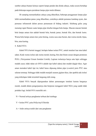 [Type the company name] | Teknik Tenaga
Listrik
6
sumber cahaya buatan lainnya seperti lampu pendar dan dioda cahaya, maka secara bertahap
pada beberapa negara peredaran lampu pijar mulai dibatasi.
Di samping memanfaatkan cahaya yang dihasilkan, beberapa penggunaan lampu pijar
lebih memanfaatkan panas yang dihasilkan, contohnya adalah pemanas kandang ayam, dan
pemanas inframerah dalam proses pemanasan di bidang industri. Selubung gelas yang
menutup rapat filamen suatu lampu pijar disebut dengan bola lampu. Macam-macam bentuk
bola lampu antara lain adalah bentuk bola, bentuk jamur, bentuk lilin, dan bentuk lustre.
Warna bola lampu antara lain yaitu bening, warna susu atau buram, dan warna merah, hijau,
biru, atau kuning.
4. Kabel NYA
Kabel NYA berinti tunggal, berlapis bahan isolasi PVC, untuk instalasi luar atau kabel
udara. Kode warna isolasi ada warna merah, kuning, biru dan hitam sesuai dengan peraturan
PUIL ( Persyaratan Umum Instalasi Listrik). Lapisan isolasinya hanya satu lapis sehingga
mudah cacat, tidak tahan air (NYA adalah tipe kabel udara) dan mudah digigit tikus. Agar
aman memakai kabel tipe ini, kabel harus dipasang dalam pipa (conduit) jenis PVC atau
saluran tertutup. Sehingga tidak mudah menjadi sasaran gigitan tikus, dan apabila ada isolasi
yang terkelupas tidak tersentuh langsung oleh orang.
Kabel NYA banyak dipergunakan dalam pemasangan instalasi karena harganya
murah, mudah dalam pengerjaannya dan berperan mengganti kabel NGA yang sudah tidak
produksi lagi. Istilah NYA memiliki arti :
N = Normal artinya penghantar terbuat dari tembaga
Y = Isolasi PVC yaitu Pollyvinyl Chlorida
A = Arder artinya terdiri dari satu penghantar
 