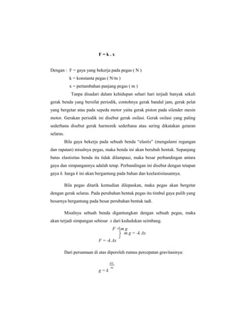 F = k . x
Dengan : F = gaya yang bekerja pada pegas ( N )
k = konstanta pegas ( N/m )
x = pertambahan panjang pegas ( m )
Tanpa disadari dalam kehidupan sehari hari terjadi banyak sekali
gerak benda yang bersifat periodik, contohnya gerak bandul jam, gerak pelat
yang bergetar atau pada sepeda motor yaitu gerak piston pada silender mesin
motor. Gerakan periodik ini disebut gerak osilasi. Gerak osilasi yang paling
sederhana disebut gerak harmonik sederhana atau sering dikatakan getaran
selaras.
Bila gaya bekerja pada sebuah benda “elastis” (mengalami regangan
dan rapatan) misalnya pegas, maka benda ini akan berubah bentuk. Sepanjang
batas elastisitas benda itu tidak dilampaui, maka besar perbandingan antara
gaya dan simpangannya adalah tetap. Perbandingan ini disebut dengan tetapan
gaya k. harga k ini akan bergantung pada bahan dan keelastisitasannya.
Bila pegas ditarik kemudian dilepaskan, maka pegas akan bergetar
dengan gerak selaras. Pada perubahan bentuk pegas itu timbul gaya pulih yang
besarnya bergantung pada besar perubahan bentuk tadi.
Misalnya sebuah benda digantungkan dengan sebuah pegas, maka
akan terjadi simpangan sebesar x dari kedudukan seimbang.
F = m g
F = -k Δx
Dari persamaan di atas diperoleh rumus percepatan gravitasinya:
g = k
m g = -k Δx
 