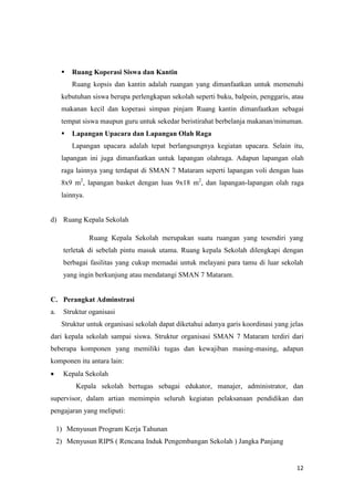 12
 Ruang Koperasi Siswa dan Kantin
Ruang kopsis dan kantin adalah ruangan yang dimanfaatkan untuk memenuhi
kebutuhan siswa berupa perlengkapan sekolah seperti buku, balpoin, penggaris, atau
makanan kecil dan koperasi simpan pinjam Ruang kantin dimanfaatkan sebagai
tempat siswa maupun guru untuk sekedar beristirahat berbelanja makanan/minuman.
 Lapangan Upacara dan Lapangan Olah Raga
Lapangan upacara adalah tepat berlangsungnya kegiatan upacara. Selain itu,
lapangan ini juga dimanfaatkan untuk lapangan olahraga. Adapun lapangan olah
raga lainnya yang terdapat di SMAN 7 Mataram seperti lapangan voli dengan luas
8x9 m2
, lapangan basket dengan luas 9x18 m2
, dan lapangan-lapangan olah raga
lainnya.
d) Ruang Kepala Sekolah
Ruang Kepala Sekolah merupakan suatu ruangan yang tesendiri yang
terletak di sebelah pintu masuk utama. Ruang kepala Sekolah dilengkapi dengan
berbagai fasilitas yang cukup memadai untuk melayani para tamu di luar sekolah
yang ingin berkunjung atau mendatangi SMAN 7 Mataram.
C. Perangkat Adminstrasi
a. Struktur oganisasi
Struktur untuk organisasi sekolah dapat diketahui adanya garis koordinasi yang jelas
dari kepala sekolah sampai siswa. Struktur organisasi SMAN 7 Mataram terdiri dari
beberapa komponen yang memiliki tugas dan kewajiban masing-masing, adapun
komponen itu antara lain:
 Kepala Sekolah
Kepala sekolah bertugas sebagai edukator, manajer, administrator, dan
supervisor, dalam artian memimpin seluruh kegiatan pelaksanaan pendidikan dan
pengajaran yang meliputi:
1) Menyusun Program Kerja Tahunan
2) Menyusun RIPS ( Rencana Induk Pengembangan Sekolah ) Jangka Panjang
 