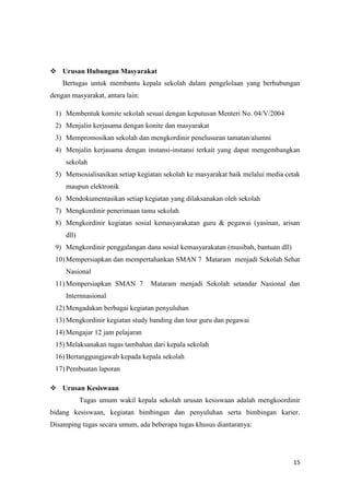 15
 Urusan Hubungan Masyarakat
Bertugas untuk membantu kepala sekolah dalam pengelolaan yang berhubungan
dengan masyarakat, antara lain:
1) Membentuk komite sekolah sesuai dengan keputusan Menteri No. 04/V/2004
2) Menjalin kerjasama dengan konite dan masyarakat
3) Mempromosikan sekolah dan mengkordinir penelusuran tamatan/alumni
4) Menjalin kerjasama dengan instansi-instansi terkait yang dapat mengembangkan
sekolah
5) Mensosialisasikan setiap kegiatan sekolah ke masyarakat baik melalui media cetak
maupun elektronik
6) Mendokumentasikan setiap kegiatan yang dilaksanakan oleh sekolah
7) Mengkordinir penerimaan tamu sekolah
8) Mengkordinir kegiatan sosial kemasyarakatan guru & pegawai (yasinan, arisan
dll)
9) Mengkordinir penggalangan dana sosial kemasyarakatan (musibah, bantuan dll)
10) Mempersiapkan dan mempertahankan SMAN 7 Mataram menjadi Sekolah Sehat
Nasional
11) Mempersiapkan SMAN 7 Mataram menjadi Sekolah setandar Nasional dan
Internnasional
12) Mengadakan berbagai kegiatan penyuluhan
13) Mengkordinir kegiatan study banding dan tour guru dan pegawai
14) Mengajar 12 jam pelajaran
15) Melaksanakan tugas tambahan dari kepala sekolah
16) Bertanggungjawab kepada kepala sekolah
17) Pembuatan laporan
 Urusan Kesiswaan
Tugas umum wakil kepala sekolah urusan kesiswaan adalah mengkoordinir
bidang kesiswaan, kegiatan bimbingan dan penyuluhan serta bimbingan karier.
Disamping tugas secara umum, ada beberapa tugas khusus diantaranya:
 
