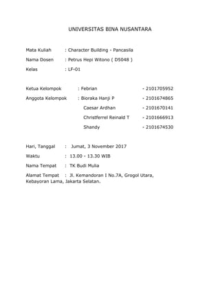 UNIVERSITAS BINA NUSANTARA
Mata Kuliah : Character Building - Pancasila
Nama Dosen : Petrus Hepi Witono ( D5048 )
Kelas : LF-01
Ketua Kelompok : Febrian - 2101705952
Anggota Kelompok : Bioraka Hanji P - 2101674865
Caesar Ardhan - 2101670141
Christferrel Reinald T - 2101666913
Shandy - 2101674530
Hari, Tanggal : Jumat, 3 November 2017
Waktu : 13.00 - 13.30 WIB
Nama Tempat : TK Budi Mulia
Alamat Tempat : Jl. Kemandoran I No.7A, Grogol Utara,
Kebayoran Lama, Jakarta Selatan.
 