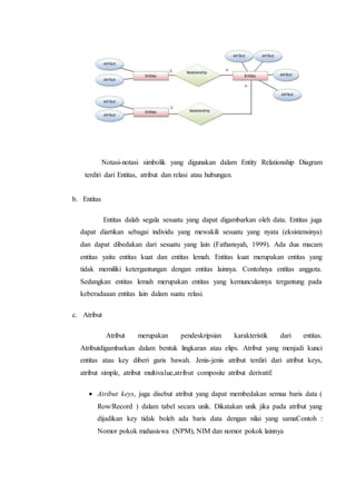 Notasi-notasi simbolik yang digunakan dalam Entity Relationship Diagram
terdiri dari Entitas, atribut dan relasi atau hubungan.
b. Entitas
Entitas dalah segala sesuatu yang dapat digambarkan oleh data. Entitas juga
dapat diartikan sebagai individu yang mewakili sesuatu yang nyata (eksistensinya)
dan dapat dibedakan dari sesuatu yang lain (Fathansyah, 1999). Ada dua macam
entitas yaitu entitas kuat dan entitas lemah. Entitas kuat merupakan entitas yang
tidak memiliki ketergantungan dengan entitas lainnya. Contohnya entitas anggota.
Sedangkan entitas lemah merupakan entitas yang kemunculannya tergantung pada
keberadaaan entitas lain dalam suatu relasi.
c. Atribut
Atribut merupakan pendeskripsian karakteristik dari entitas.
Atributdigambarkan dalam bentuk lingkaran atau elips. Atribut yang menjadi kunci
entitas atau key diberi garis bawah. Jenis-jenis atribut terdiri dari atribut keys,
atribut simple, atribut multivalue,atribut composite atribut derivatif.
 Atribut keys, juga disebut atribut yang dapat membedakan semua baris data (
Row/Record ) dalam tabel secara unik. Dikatakan unik jika pada atribut yang
dijadikan key tidak boleh ada baris data dengan nilai yang samaContoh :
Nomor pokok mahasiswa (NPM), NIM dan nomor pokok lainnya
 