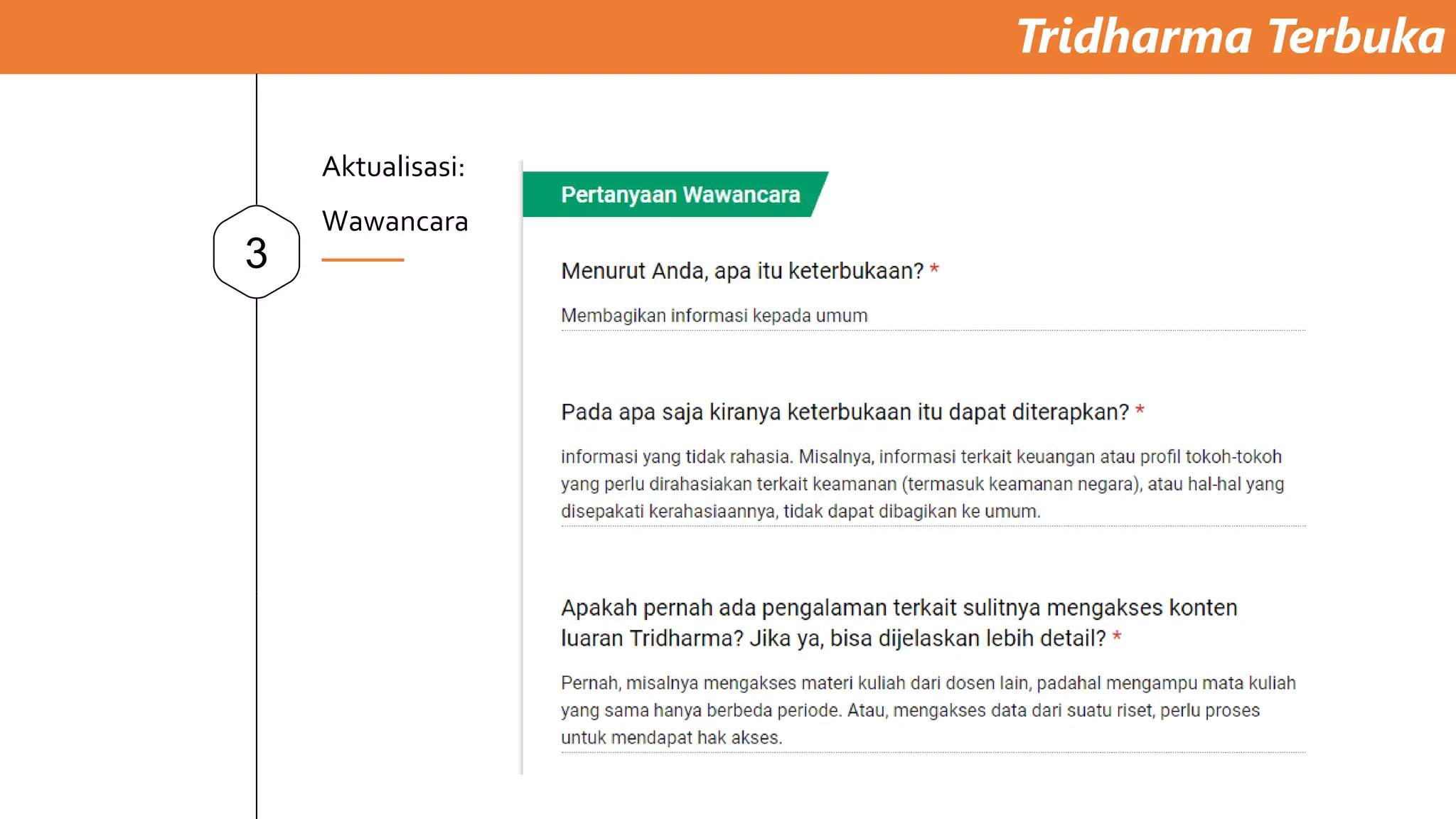 Tridharma Terbuka
3
Aktualisasi:
Wawancara
 