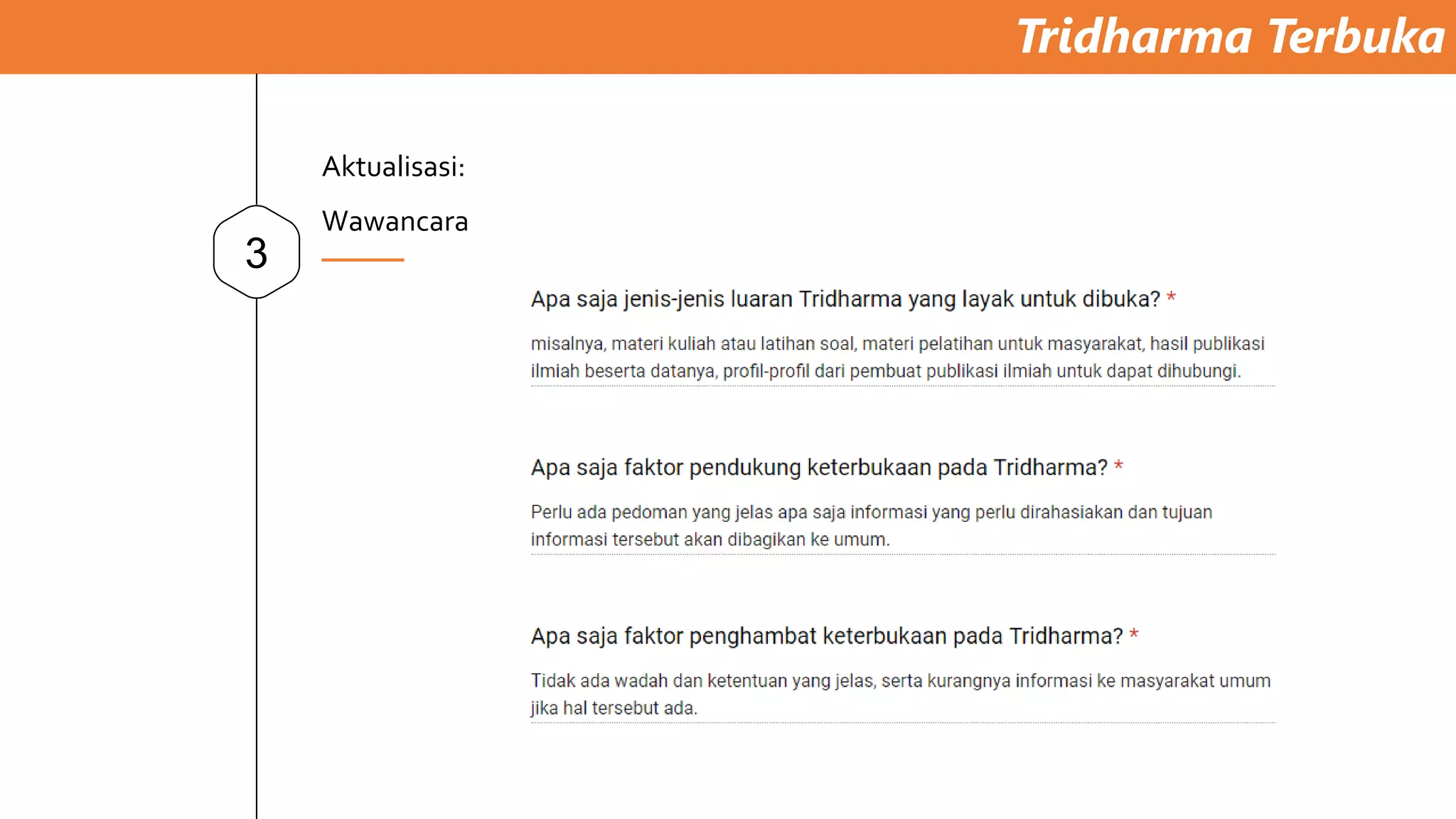 Tridharma Terbuka
3
Aktualisasi:
Wawancara
 