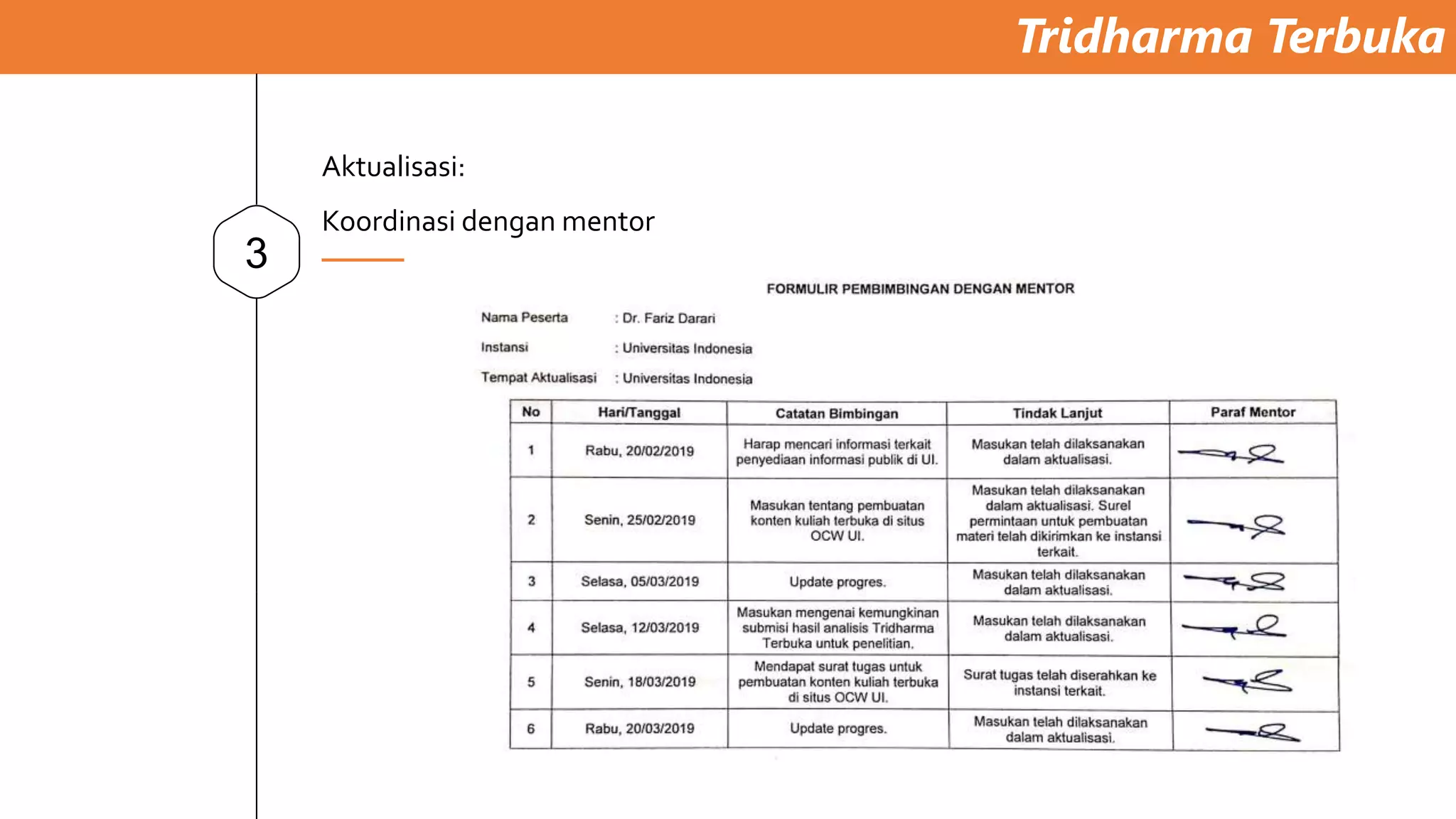 Tridharma Terbuka
3
Aktualisasi:
Koordinasi dengan mentor
 