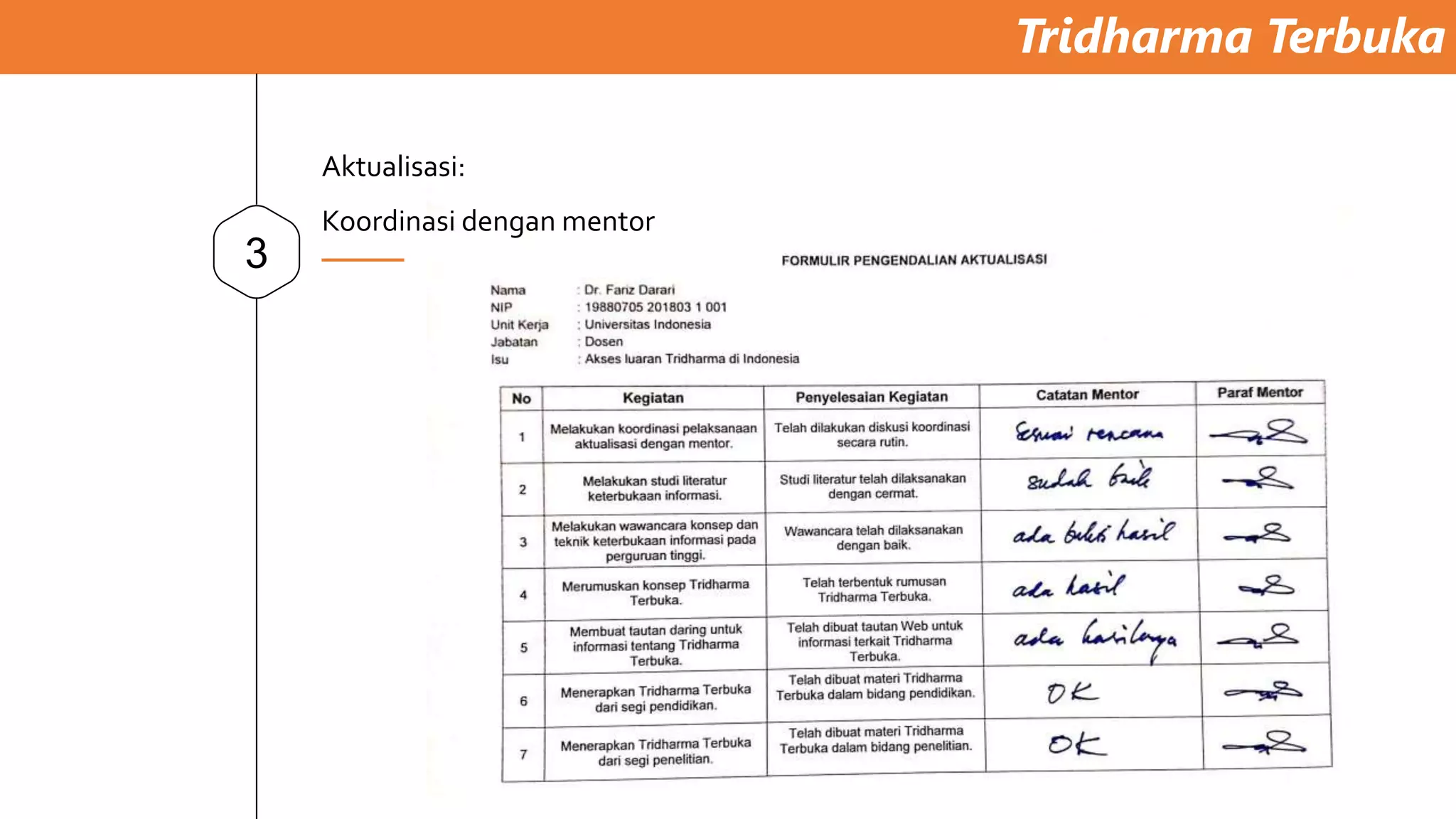 Tridharma Terbuka
3
Aktualisasi:
Koordinasi dengan mentor
 