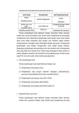 Karakteristik kanji dapat dilihat pada table berikut ini:
Jenis Kanji Karakteristik Zat Penghilang Kanji
Starch
Modifikasi starch
Mudah didegredasi
Enzim
Oksidator
Akrilat, pva, cmc,
spec,
modifikasi starch
Larut dalam air
Penggelembungan dalam
air panas
Modifikasi akrilat/ PES
Tahan air
Netralisasi dan disperse
Proses penghilangan kanji dilakukan dengan merendam bahan selulosa,
sintetik atau campuran dengan suatu larutan yang mengandung zat yang dapat
menghidrolisa kanji. Mekanisme penghilangan kanji dengan asam encer adalah
asam encer dapat mengubah kanji dengan cara hidrolisa melalui dekstrin
menjadi glukosa, sehingga mudah dihilangkan dengan pencucian. Prinsipproses
penghilangan kanji dengan menggunakan kanji adalah proses hidrolisa.
Sedangkan penghilangan kanji pemkaian ezim dan oksidator akan mendegredasi
kanji yang tidak larut menjadi larut. Faktor yang berpengaruh dalam proses ini
adalah ketepatan pemilihan dan konsentrasi zat penghilang kanji, kondisi proses
seperti Ph, suhu dan waktu, serta metode yang digunakan.
 Cara penghilangan kanji
Proses penghilangan kanji dapat dilakukan dengan cara:
1) Penghilangan kanji dengan enzim
2) Penghilangan kanji dengan oksidator (hydrogen, peroksida/H2O2),
ammonium persulfat/(NH4)2S2O8, kalium persulfat K2S2O8)
3) Penghilangan kanji dengan asam (HCl, H2SO4)
4) Penghilangan kanji dengan alkali (NaOH)
5) Penghilangan kanji dengan perendaman dalam air
 Degradasi Kanji cara enzim
Proses penghilangan kanji dilakukan dengan merendam bahan selulosa,
sintetik atau campuran dengan suatu larutan yang mengandung zat yang
 