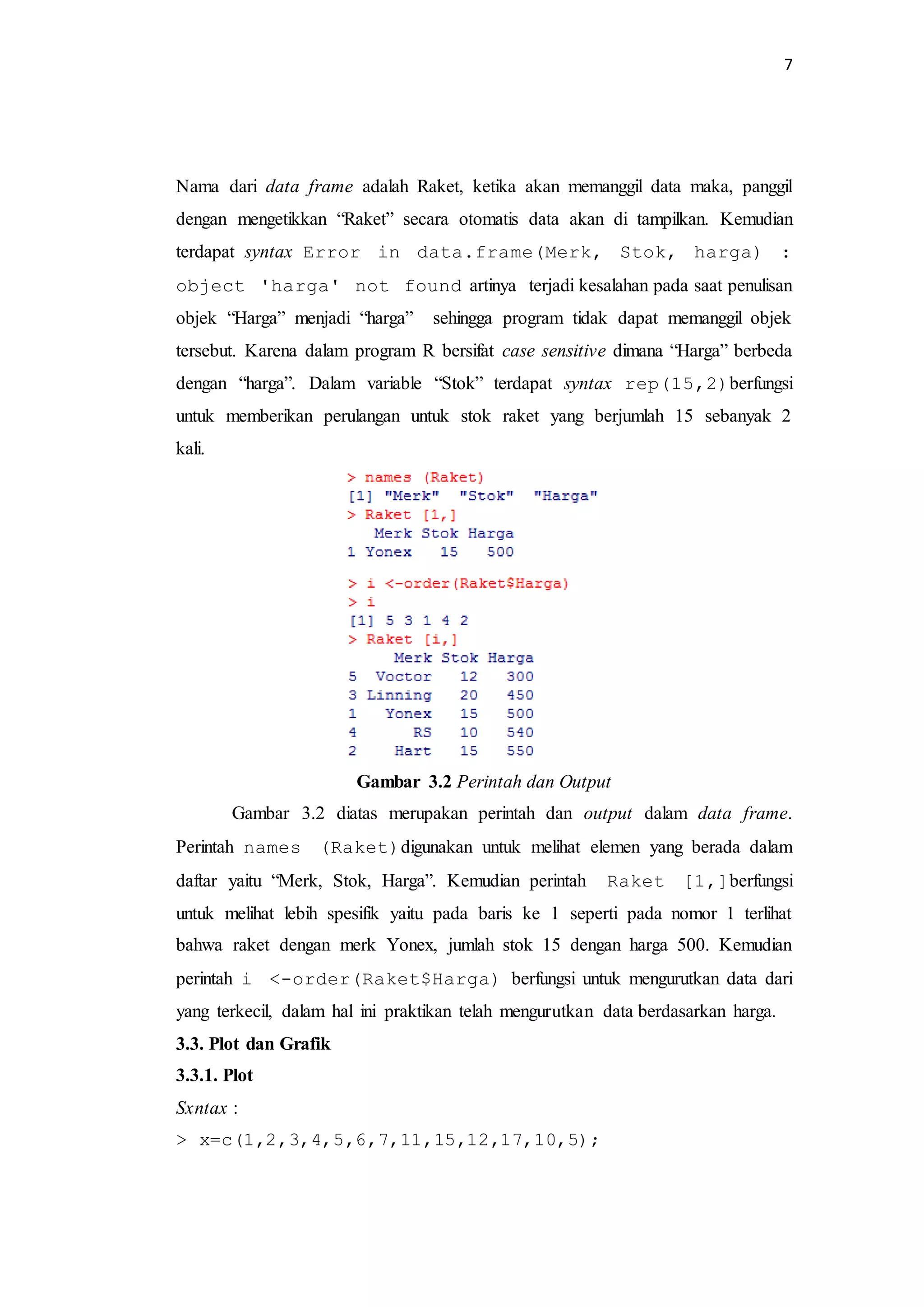 7
Nama dari data frame adalah Raket, ketika akan memanggil data maka, panggil
dengan mengetikkan “Raket” secara otomatis data akan di tampilkan. Kemudian
terdapat syntax Error in data.frame(Merk, Stok, harga) :
object 'harga' not found artinya terjadi kesalahan pada saat penulisan
objek “Harga” menjadi “harga” sehingga program tidak dapat memanggil objek
tersebut. Karena dalam program R bersifat case sensitive dimana “Harga” berbeda
dengan “harga”. Dalam variable “Stok” terdapat syntax rep(15,2)berfungsi
untuk memberikan perulangan untuk stok raket yang berjumlah 15 sebanyak 2
kali.
Gambar 3.2 Perintah dan Output
Gambar 3.2 diatas merupakan perintah dan output dalam data frame.
Perintah names (Raket)digunakan untuk melihat elemen yang berada dalam
daftar yaitu “Merk, Stok, Harga”. Kemudian perintah Raket [1,]berfungsi
untuk melihat lebih spesifik yaitu pada baris ke 1 seperti pada nomor 1 terlihat
bahwa raket dengan merk Yonex, jumlah stok 15 dengan harga 500. Kemudian
perintah i <-order(Raket$Harga) berfungsi untuk mengurutkan data dari
yang terkecil, dalam hal ini praktikan telah mengurutkan data berdasarkan harga.
3.3. Plot dan Grafik
3.3.1. Plot
Sxntax :
> x=c(1,2,3,4,5,6,7,11,15,12,17,10,5);
 