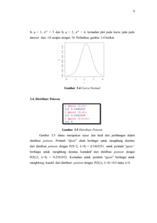 9
fx µ = 1, 𝜎2
= 3 dan fy µ = 2, 𝜎2
= 4, kemudian plot pada kurva yaitu pada
interval dari -10 sampai dengan 10. Perhatikan gambar 3.4 berikut.
Gambar 3.4 Curva Normal
3.4. Distribusi Poisson
Gambar 3.5 Distribusi Poisson
Gambar 3.5 diatas merupakan input dan hasil dari perhitungan dalam
distribusi poisson. Perintah “dpois” disini berfungsi untuk menghitung densitas
dari distribusi poisson dengan P(X=2, λ=4) = 0.1465251. untuk perintah “ppois”
berfungsi untuk menghitung densitas kumulatif dari distribusi poisson dengan
P(X≤2, λ=4) = 0.2381033. Kemudian untuk perintah “qpois” berfungsi untuk
menghitung kuantil dari distribusi poisson dengan P(X≤x, λ=4) >0,5 maka x=4.
 