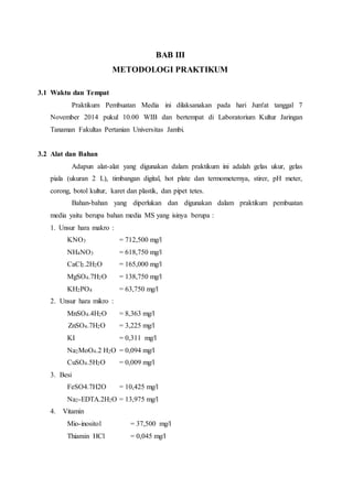 BAB III
METODOLOGI PRAKTIKUM
3.1 Waktu dan Tempat
Praktikum Pembuatan Media ini dilaksanakan pada hari Jum'at tanggal 7
November 2014 pukul 10.00 WIB dan bertempat di Laboratorium Kultur Jaringan
Tanaman Fakultas Pertanian Universitas Jambi.
3.2 Alat dan Bahan
Adapun alat-alat yang digunakan dalam praktikum ini adalah gelas ukur, gelas
piala (ukuran 2 L), timbangan digital, hot plate dan termometernya, stirer, pH meter,
corong, botol kultur, karet dan plastik, dan pipet tetes.
Bahan-bahan yang diperlukan dan digunakan dalam praktikum pembuatan
media yaitu berupa bahan media MS yang isinya berupa :
1. Unsur hara makro :
KNO3 = 712,500 mg/l
NH4NO3 = 618,750 mg/l
CaCl2.2H2O = 165,000 mg/l
MgSO4.7H2O = 138,750 mg/l
KH2PO4 = 63,750 mg/l
2. Unsur hara mikro :
MnSO4.4H2O = 8,363 mg/l
ZnSO4.7H2O = 3,225 mg/l
KI = 0,311 mg/l
Na2MoO4.2 H2O = 0,094 mg/l
CuSO4.5H2O = 0,009 mg/l
3. Besi
  FeSO4.7H2O = 10,425 mg/l
  Na2-EDTA.2H2O = 13,975 mg/l
4. Vitamin
 Mio-inositol = 37,500 mg/l
  Thiamin HCl = 0,045 mg/l
 