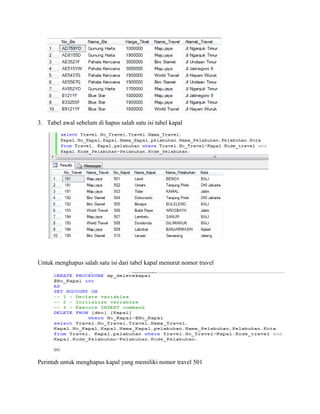 3. Tabel awal sebelum di hapus salah satu isi tabel kapal
Untuk menghapus salah satu isi dari tabel kapal menurut nomor travel
Perintah untuk menghapus kapal yang memiliki nomor travel 501
 
