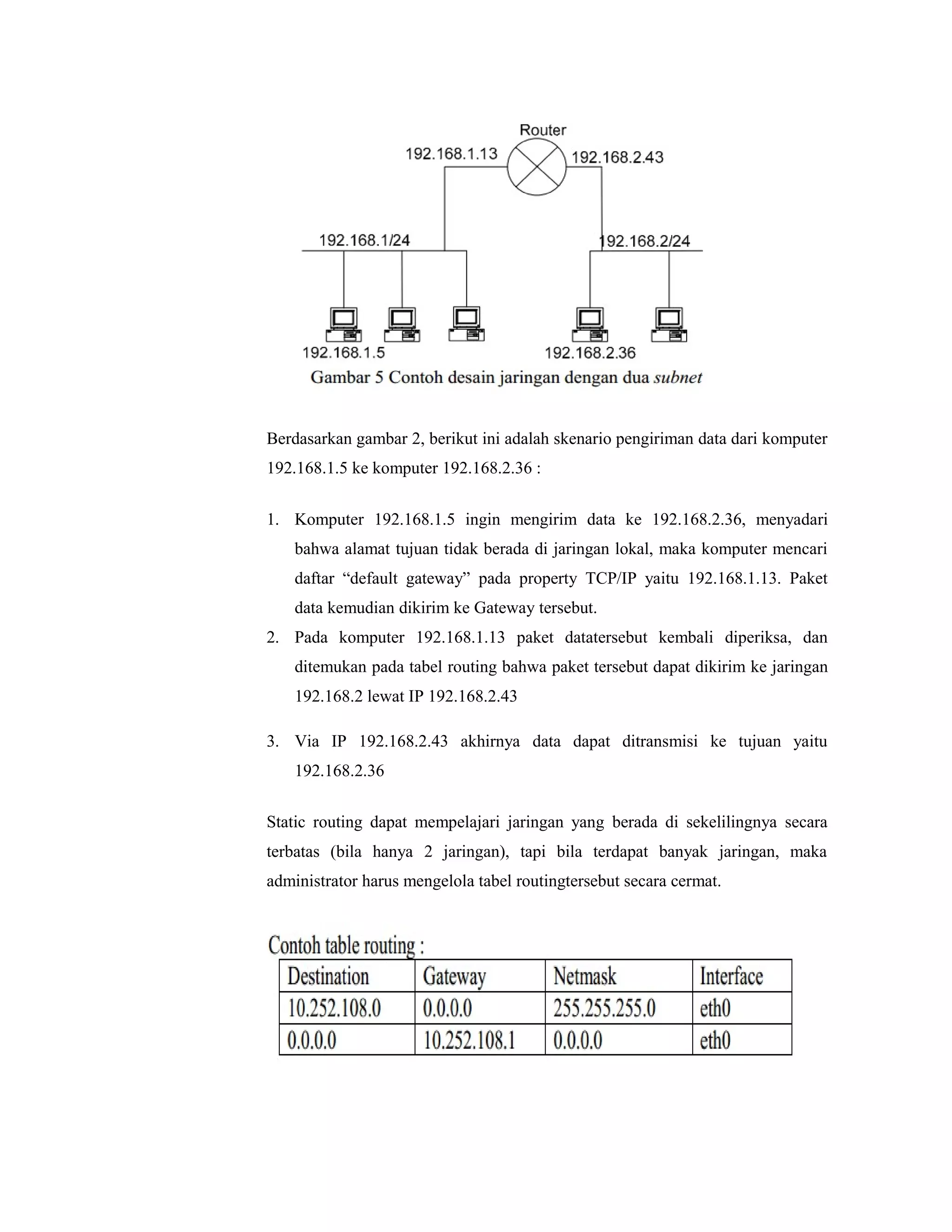 Berdasarkan gambar 2, berikut ini adalah skenario pengiriman data dari komputer
192.168.1.5 ke komputer 192.168.2.36 :
1. Komputer 192.168.1.5 ingin mengirim data ke 192.168.2.36, menyadari
bahwa alamat tujuan tidak berada di jaringan lokal, maka komputer mencari
daftar “default gateway” pada property TCP/IP yaitu 192.168.1.13. Paket
data kemudian dikirim ke Gateway tersebut.
2. Pada komputer 192.168.1.13 paket datatersebut kembali diperiksa, dan
ditemukan pada tabel routing bahwa paket tersebut dapat dikirim ke jaringan
192.168.2 lewat IP 192.168.2.43
3. Via IP 192.168.2.43 akhirnya data dapat ditransmisi ke tujuan yaitu
192.168.2.36
Static routing dapat mempelajari jaringan yang berada di sekelilingnya secara
terbatas (bila hanya 2 jaringan), tapi bila terdapat banyak jaringan, maka
administrator harus mengelola tabel routingtersebut secara cermat.

 