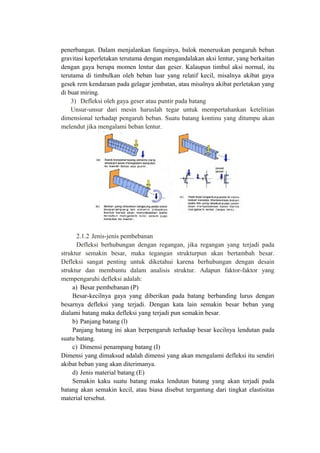 penerbangan. Dalam menjalankan fungsinya, balok meneruskan pengaruh beban
gravitasi keperletakan terutama dengan mengandalakan aksi lentur, yang berkaitan
dengan gaya berupa momen lentur dan geser. Kalaupun timbul aksi normal, itu
terutama di timbulkan oleh beban luar yang relatif kecil, misalnya akibat gaya
gesek rem kendaraan pada gelagar jembatan, atau misalnya akibat perletakan yang
di buat miring.
3) Defleksi oleh gaya geser atau puntir pada batang
Unsur-unsur dari mesin haruslah tegar untuk mempertahankan ketelitian
dimensional terhadap pengaruh beban. Suatu batang kontinu yang ditumpu akan
melendut jika mengalami beban lentur.
2.1.2 Jenis-jenis pembebanan
Defleksi berhubungan dengan regangan, jika regangan yang terjadi pada
struktur semakin besar, maka tegangan strukturpun akan bertambah besar.
Defleksi sangat penting untuk diketahui karena berhubungan dengan desain
struktur dan membantu dalam analisis struktur. Adapun faktor-faktor yang
mempengaruhi defleksi adalah:
a) Besar pembebanan (P)
Besar-kecilnya gaya yang diberikan pada batang berbanding lurus dengan
besarnya defleksi yang terjadi. Dengan kata lain semakin besar beban yang
dialami batang maka defleksi yang terjadi pun semakin besar.
b) Panjang batang (l)
Panjang batang ini akan berpengaruh terhadap besar kecilnya lendutan pada
suatu batang.
c) Dimensi penampang batang (I)
Dimensi yang dimaksud adalah dimensi yang akan mengalami defleksi itu sendiri
akibat beban yang akan diterimanya.
d) Jenis material batang (E)
Semakin kaku suatu batang maka lendutan batang yang akan terjadi pada
batang akan semakin kecil, atau biasa disebut tergantung dari tingkat elastisitas
material tersebut.
 