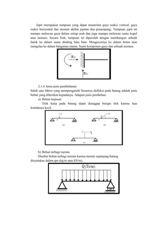 Jepit merupakan tumpuan yang dapat menerima gaya reaksi vertical, gaya
reaksi horizontal dan momen akibat jepitan dua penampang. Tumpuan jepit ini
mampu melawan gaya dalam setiap arah dan juga mampu melawan suatu kopel
atau momen. Secara fisik, tumpuan ini diperoleh dengan membangun sebuah
balok ke dalam suatu dinding batu bata. Mengecornya ke dalam beton atau
mengelas ke dalam bangunan utama. Suatu komponen gaya dan sebuah momen.
2.1.4 Jenis-jenis pembebanan
Salah satu faktor yang mempengaruhi besarnya defleksi pada batang adalah jenis
beban yang diberikan kepadanya. Adapun jenis pembeban:
a) Beban terpusat
Titik kerja pada batang dapat dianggap berupa titik karena luas
kontaknya kecil.
b) Beban terbagi merata
Disebut beban terbagi merata karena merata sepanjang batang
dinyatakan dalam qm (kg/m atau kN/m).
 