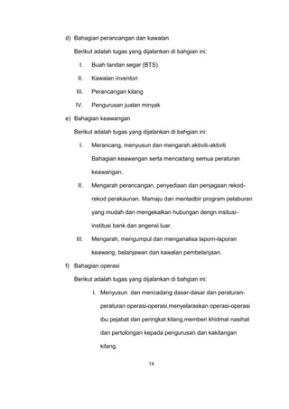 d) Bahagian perancangan dan kawalan
Berikut adalah tugas yang dijalankan di bahgian ini:
I. Buah tandan segar (BTS)
II. Kawalan inventori
III. Perancangan kilang
IV. Pengurusan jualan minyak
e) Bahagian keawangan
Berikut adalah tugas yang dijalankan di bahgian ini:
I. Merancang, menyusun dan mengarah aktiviti-aktiviti
Bahagian keawangan serta mencadang semua peraturan
keawangan.
II. Mengarah perancangan, penyediaan dan penjagaan rekod-
rekod perakaunan. Mamaju dan mentadbir program pelaburan
yang mudah dan mengekalkan hubungan dengn insitusi-
institusi bank dan angensi luar.
III. Mengarah, mengumpul dan menganalisa laporn-laporan
keawang, belanjawan dan kawalan pembelanjaan.
f) Bahagian operasi
Berikut adalah tugas yang dijalankan di bahgian ini:
I. Menyusun dan mencadang dasar-dasar dan peraturan-
peraturan operasi-operasi,menyelaraskan operasi-operasi
ibu pejabat dan peringkat kilang,memberi khidmat nasihat
dan pertolongan kepada pengurusan dan kakitangan
kilang.
14
 