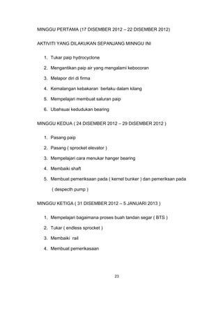 MINGGU PERTAMA (17 DISEMBER 2012 – 22 DISEMBER 2012)
AKTIVITI YANG DILAKUKAN SEPANJANG MINNGU INI
1. Tukar paip hydrocyclone
2. Mengantikan paip air yang mengalami kebocoran
3. Melapor diri di firma
4. Kemalangan kebakaran berlaku dalam kilang
5. Mempelajari membuat saluran paip
6. Ubahsuai kedudukan bearing
MINGGU KEDUA ( 24 DISEMBER 2012 – 29 DISEMBER 2012 )
1. Pasang paip
2. Pasang ( sprocket elevator )
3. Mempelajari cara menukar hanger bearing
4. Membaiki shaft
5. Membuat pemeriksaan pada ( kernel bunker ) dan pemeriksan pada
( despecth pump )
MINGGU KETIGA ( 31 DISEMBER 2012 – 5 JANUARI 2013 )
1. Mempelajari bagaimana proses buah tandan segar ( BTS )
2. Tukar ( endless sprocket )
3. Membaiki rail
4. Membuat pemerikasaan
23
 