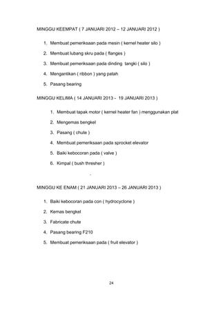 MINGGU KEEMPAT ( 7 JANUARI 2012 – 12 JANUARI 2012 )
1. Membuat pemeriksaan pada mesin ( kernel heater silo )
2. Membuat lubang skru pada ( flanges )
3. Membuat pemeriksaan pada dinding tangki ( silo )
4. Mengantikan ( ribbon ) yang patah
5. Pasang bearing
MINGGU KELIMA ( 14 JANUARI 2013 - 19 JANUARI 2013 )
1. Membuat tapak motor ( kernel heater fan ) menggunakan plat
2. Mengemas bengkel
3. Pasang ( chute )
4. Membuat pemeriksaan pada sprocket elevator
5. Baiki kebocoran pada ( valve )
6. Kimpal ( bush thresher )
.
MINGGU KE ENAM ( 21 JANUARI 2013 – 26 JANUARI 2013 )
1. Baiki kebocoran pada con ( hydrocyclone )
2. Kemas bengkel
3. Fabricate chute
4. Pasang bearing F210
5. Membuat pemeriksaan pada ( fruit elevator )
24
 