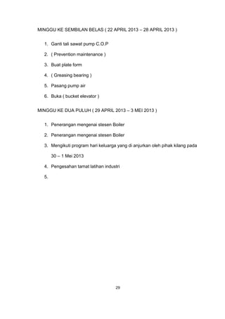 MINGGU KE SEMBILAN BELAS ( 22 APRIL 2013 – 28 APRIL 2013 )
1. Ganti tali sawat pump C.O.P
2. ( Prevention maintenance )
3. Buat plate form
4. ( Greasing bearing )
5. Pasang pump air
6. Buka ( bucket elevator )
MINGGU KE DUA PULUH ( 29 APRIL 2013 – 3 MEI 2013 )
1. Penerangan mengenai stesen Boiler
2. Penerangan mengenai stesen Boiler
3. Mengikuti program hari keluarga yang di anjurkan oleh pihak kilang pada
30 – 1 Mei 2013
4. Pengesahan tamat latihan industri
5.
29
 